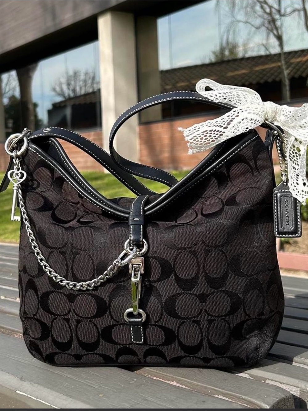 Coach Black Signature Jacquard Hobo Shoulder Bag with Chain
